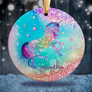 Cute unicorn pink Glitter rainbow aqua monogram Ceramic Tree Decoration