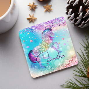 Cute unicorn pink Glitter rainbow aqua monogram Coaster