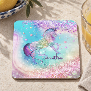 Cute unicorn pink Glitter rainbow aqua monogram Coaster