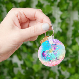 Cute unicorn pink Glitter rainbow aqua monogram Key Ring