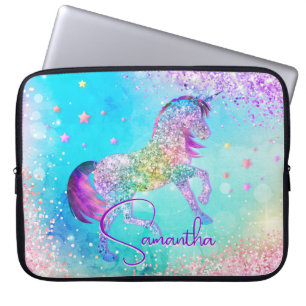 Cute unicorn pink Glitter rainbow aqua monogram Laptop Sleeve