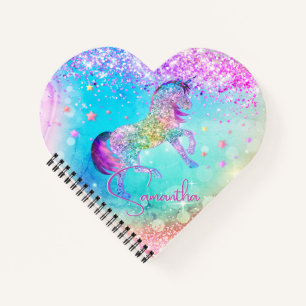 Cute unicorn pink Glitter rainbow aqua monogram Notebook
