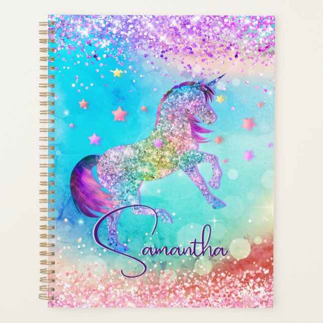 Cute unicorn pink Glitter rainbow aqua monogram Planner (Front)