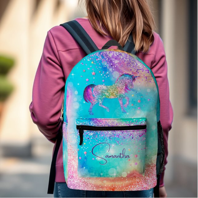 Cute unicorn pink Glitter rainbow aqua monogram Printed Backpack (Creator Uploaded)