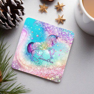 Cute unicorn pink Glitter rainbow aqua monogram Square Paper Coaster