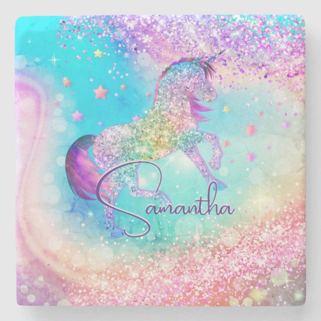 Cute unicorn pink Glitter rainbow aqua monogram Stone Coaster (Front)