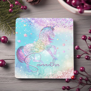 Cute unicorn pink Glitter rainbow aqua monogram Stone Coaster