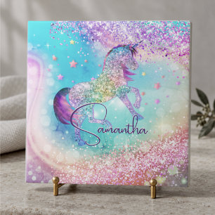Cute unicorn pink Glitter rainbow aqua monogram Tile