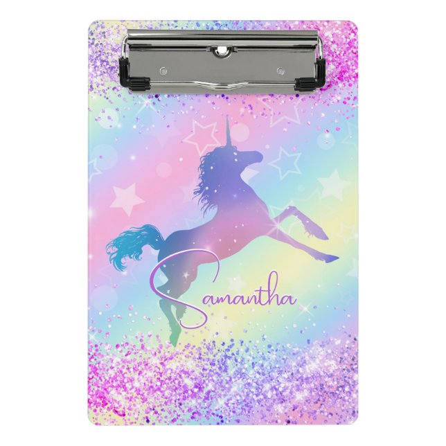Cute unicorn pink Glitter rainbow art monogram Mini Clipboard (Front)