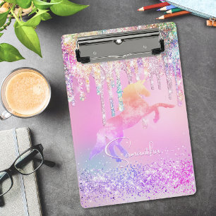 Cute unicorn pink Glitter rainbow Drips monogram Mini Clipboard