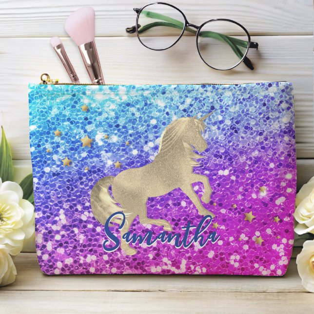 Cute unicorn pink Glitter rainbow gold monogram Accessory Pouch (Creator Uploaded)