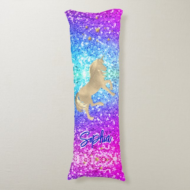 Cute unicorn pink Glitter rainbow gold monogram Body Cushion (Front Vertical)