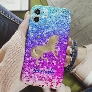 Cute unicorn pink Glitter rainbow gold monogram Case-Mate iPhone 14 Case