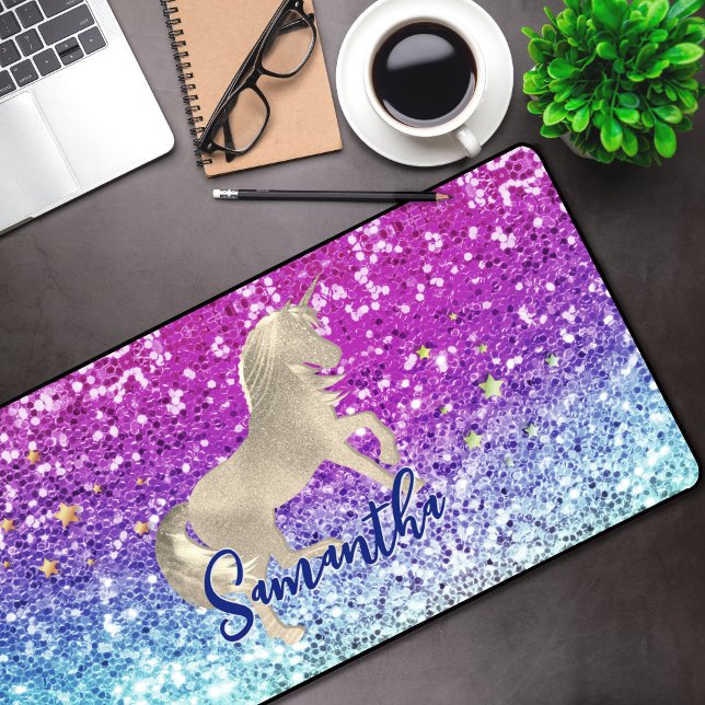 Cute unicorn pink Glitter rainbow gold monogram Desk Mat (Creator Uploaded)
