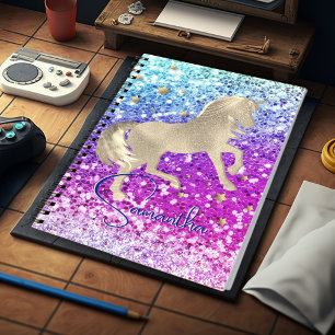 Cute unicorn pink Glitter rainbow gold monogram Notebook
