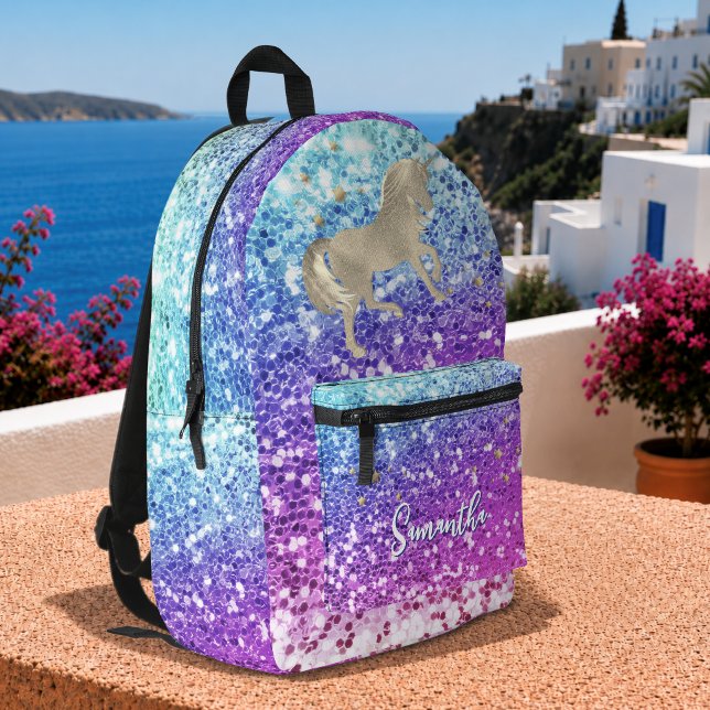 Cute unicorn pink Glitter rainbow gold monogram  Printed Backpack (Creator Uploaded)