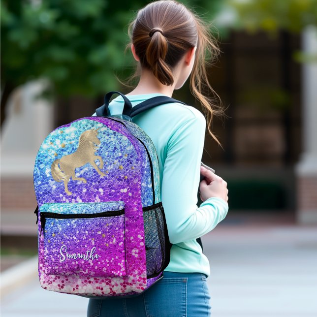 Cute unicorn pink Glitter rainbow gold monogram  Printed Backpack (Creator Uploaded)
