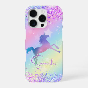 Cute unicorn pink Glitter rainbow monogram iPhone 16 Pro Case