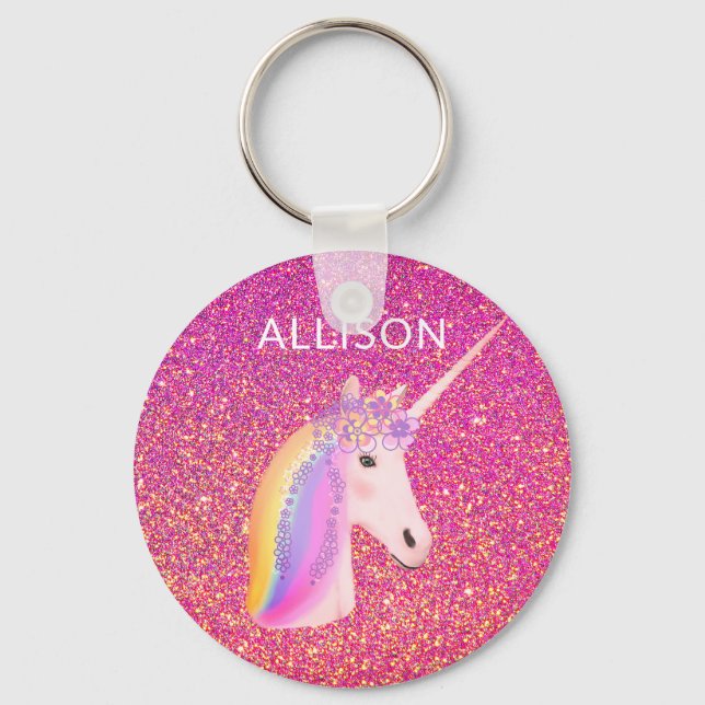 Cute Unicorn Pink Glitter Sparkles Fantasy Girls Key Ring (Front)
