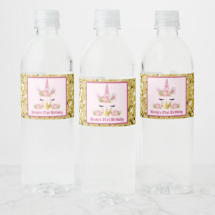 Cute Unicorn Pink Gold Glitter Birthday Water Bottle Label