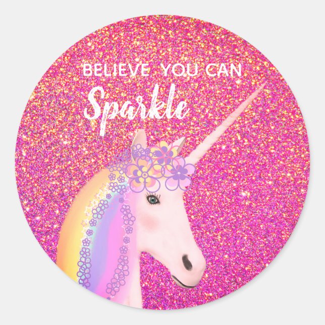 Cute Unicorn Pink Gold Glitter Sparkle Believe Classic Round Sticker (Front)