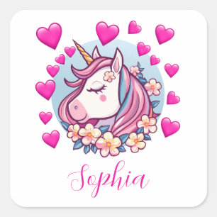 Cute Unicorn, Pink Hearts & Flowers, Custom Name Square Sticker