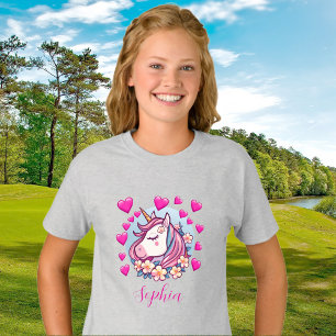 Cute Unicorn, Pink Hearts & Flowers, Custom Name T-Shirt