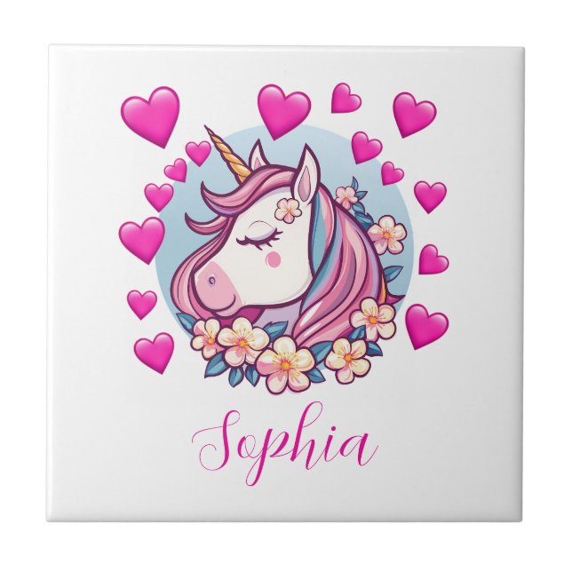 Cute Unicorn, Pink Hearts & Flowers, Custom Name Tile (Front)