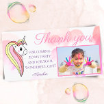 Cute Unicorn Pink Photo Kids Birthday Thank You Card<br><div class="desc">Cute unicorn thank you card for children with a photo. The card has a pretty unicorn with a beautiful mane and the background with gentle pink bubbles. Thank your family and friends for coming to your child`s birthday party and for their wonderful gifts. Insert your child`s photo into the template....</div>