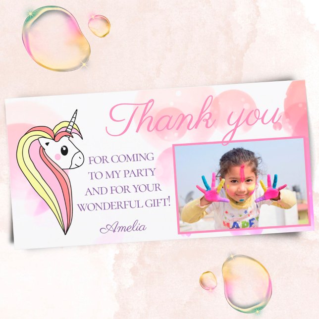 Cute Unicorn Pink Photo Kids Birthday Thank You Card (Creator Uploaded)