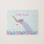Cute Unicorn Pink & Purple Floral Gold Dots Name Jigsaw Puzzle<br><div class="desc">This design features our cute unicorn head in pink, gold glitter, purple and blue. Click the customise button if you would like to move/scale the images and further modify the text! Variations of this design, additional colours, as well as coordinating products are available in our shop, zazzle.com/store/doodlelulu. Contact us if...</div>