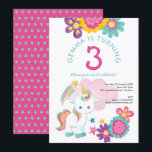 Cute Unicorn Pink Teal Girl 3rd Birthday Party Invitation<br><div class="desc">A cute unicorn themed design for your little girl's 3rd Birthday Party, along with colourful simplistic florals in shades of pink, teal and yellow. All of the text can be easily personalised to your own details. On the back, the background is pink to coordinate with the pink on the front...</div>
