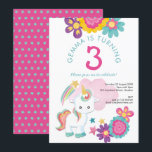 Cute Unicorn Pink Teal Girl 3rd Birthday Party Invitation<br><div class="desc">A cute unicorn themed design for your little girl's 3rd Birthday Party, along with colourful simplistic florals in shades of pink, teal and yellow. All of the text can be easily personalised to your own details. On the back, the background is pink to coordinate with the pink on the front...</div>