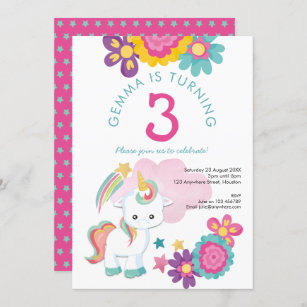 Cute Unicorn Pink Teal Girl 3rd Birthday Party Invitation