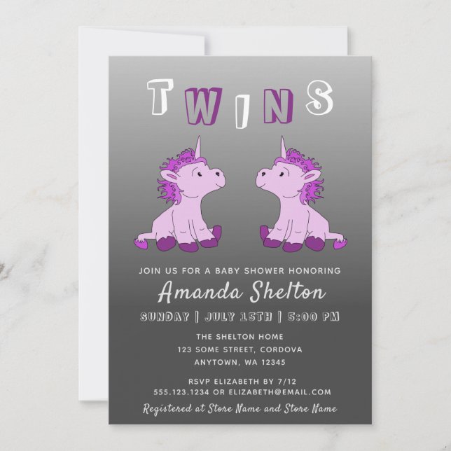 Cute Unicorn Pink Twins GIrls Baby Shower Invitation (Front)