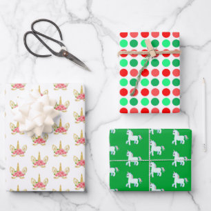 Cute Unicorn & Polka Dots on Green & White Wrapping Paper Sheet