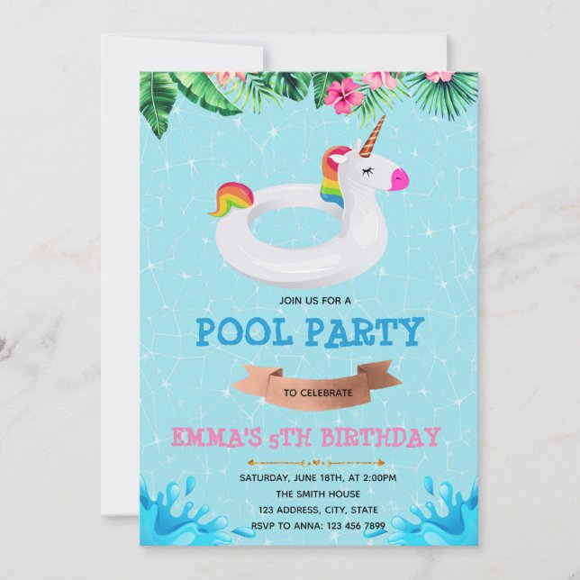Cute unicorn pool birthday invitation (Front)