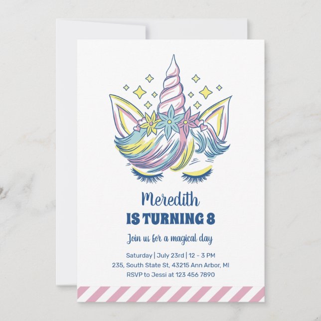 Cute Unicorn Princess Kids Girls Birthday Invitation (Front)