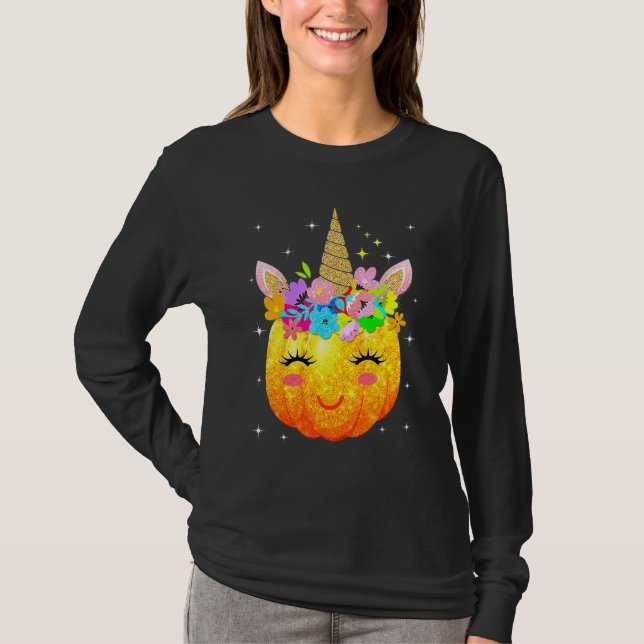 Cute Unicorn Pumpkin Halloween Thanksgiving T-Shirt (Front)