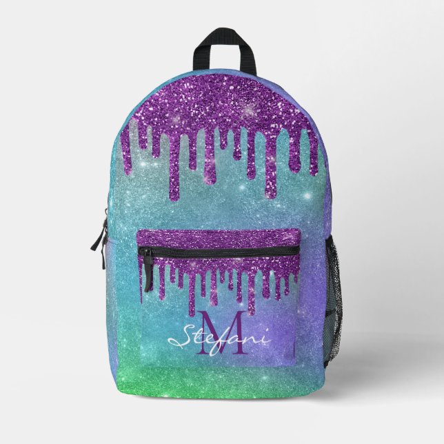Cute Unicorn Purple Drips faux glitter monogram Printed Backpack (Front)