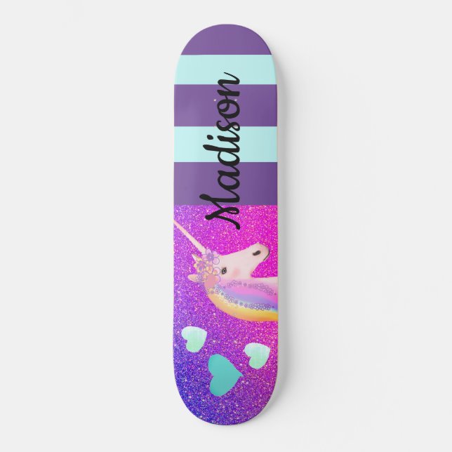 Cute Unicorn Purple Glitter Girls Personalised Skateboard (Front)