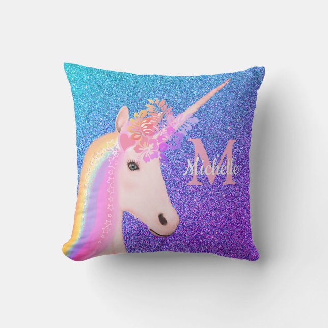 Cute Unicorn Purple Ombre Glitter Personalized Cushion (Front)