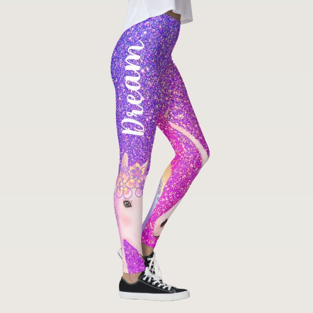 Cute Unicorn Purple Pink Glitter Dream Womens  Leggings (Right)