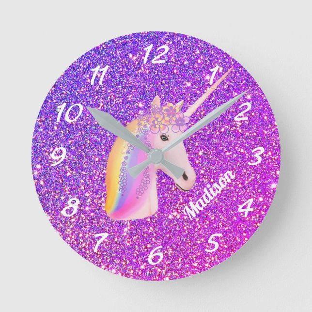 Cute Unicorn Purple Pink Glitter Personalised Round Clock (Front)