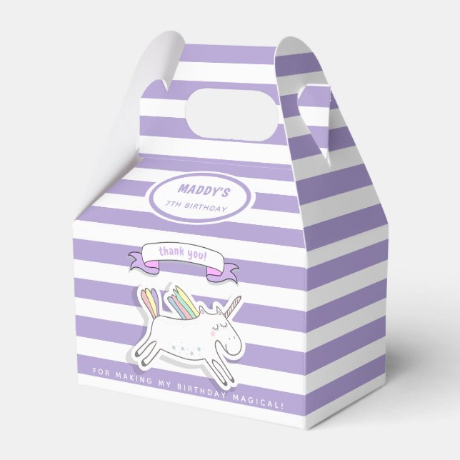 Cute Unicorn - Purple Striped Kids Birthday Favour Box (Front Side)