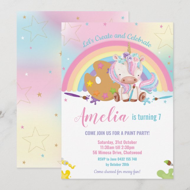 Cute Unicorn Rainbow Art Paint Birthday Party Girl Invitation (Front/Back)