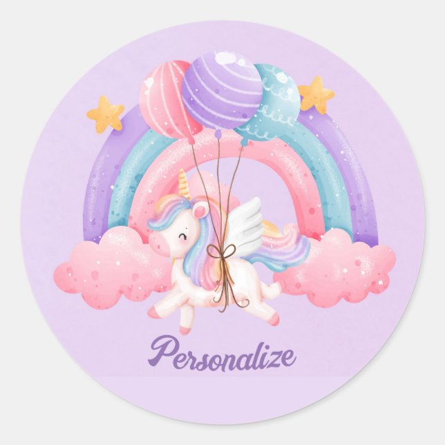 Cute Unicorn Rainbow Colourful Kids Personalised Classic Round Sticker (Front)