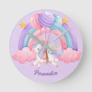 Cute Unicorn Rainbow Colourful Kids Personalised Round Clock
