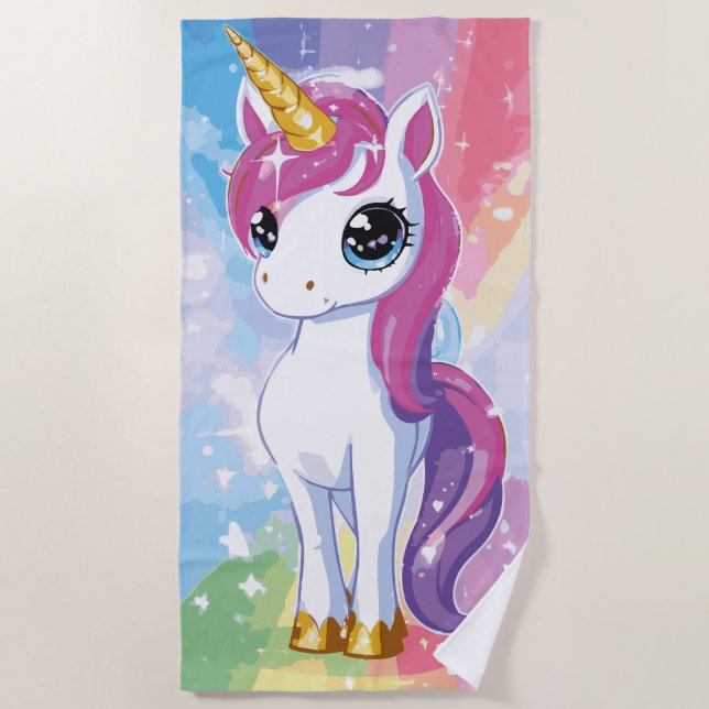 Cute Unicorn Rainbow Fantasy Illustration Beach Towel (Front)