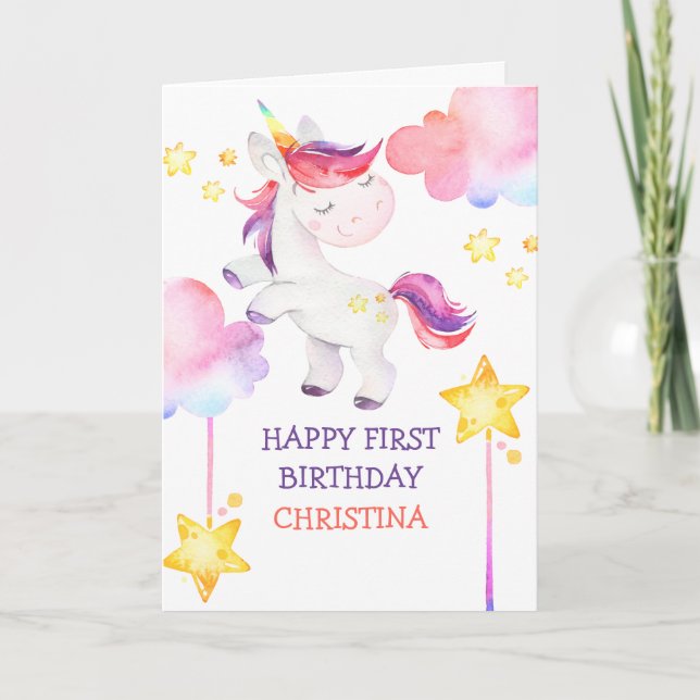 Cute Unicorn Rainbow First Happy Birthday Card (Front)